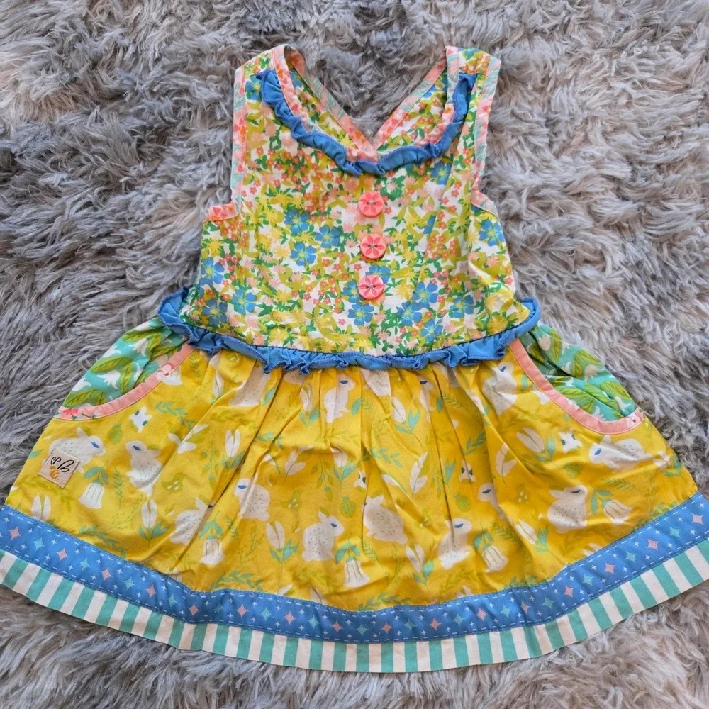 WILDFLOWERS Girls Floral Bunny Print‎ Sleeveless Dress Yellow Blue Ruffle Trim